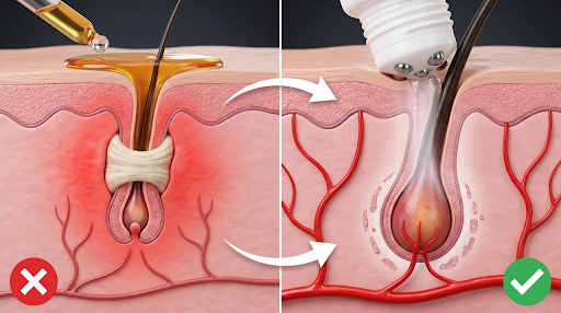 Works at the follicle, not the surface